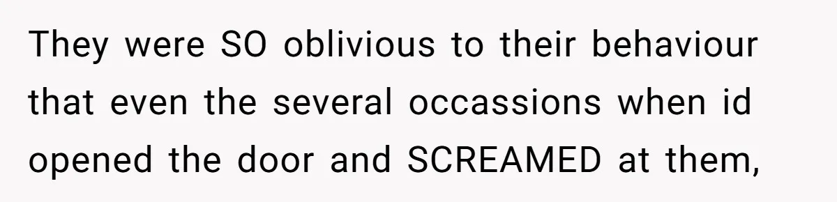 They were SO oblivious to their behaviour that even the several occassions when id opened the door and SCREAMED at them,