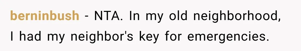 berninbush − NTA. In my old neighborhood, I had my neighbor's key for emergencies.