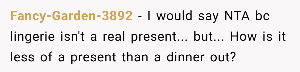 Fancy-Garden-3892 − I would say NTA bc lingerie isn't a real present... but... How is it less of a present than a dinner out?