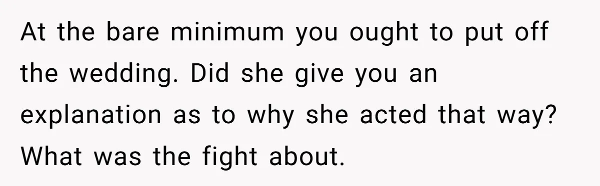 At the bare minimum you ought to put off the wedding. Did she give you an explanation as to why she acted that way?What was the fight about.