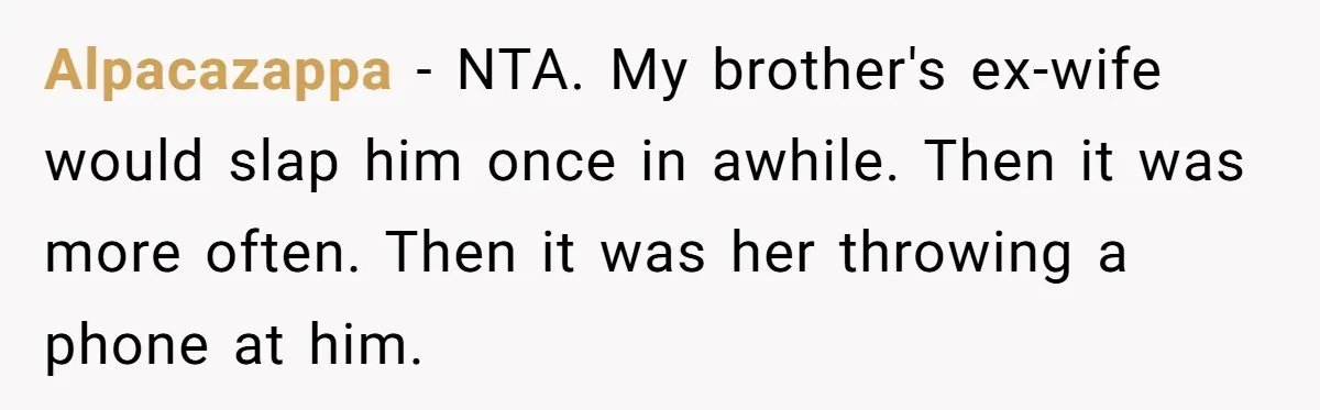 Alpacazappa − NTA. My brother's ex-wife would slap him once in awhile. Then it was more often. Then it was her throwing a phone at him.