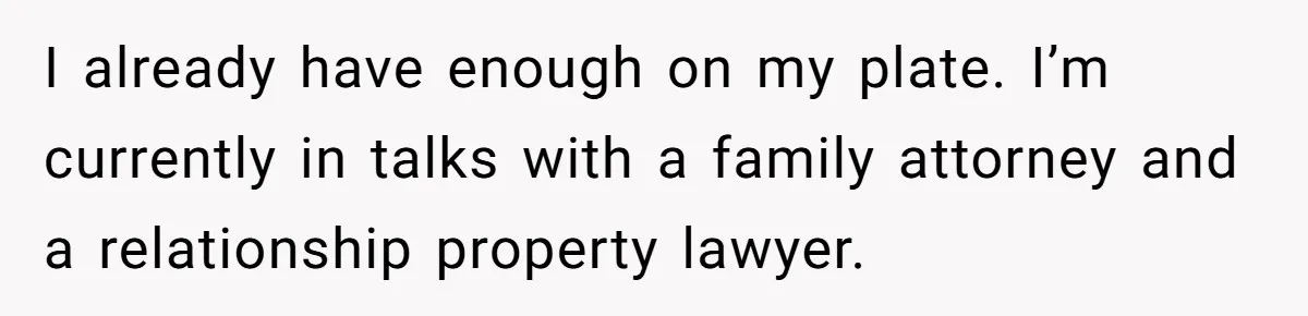Husband Comes Out After 8 Years, Then Demands Divorce And Full Custody I already have enough on my plate. I’m currently in talks with a family attorney and a relationship property lawyer.