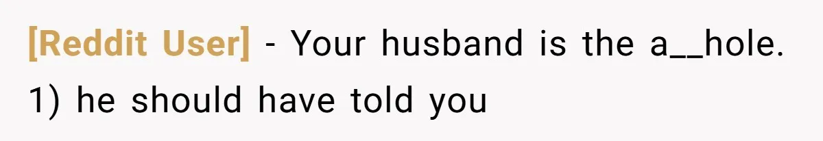 [Reddit User] − Your husband is the a__hole. 1) he should have told you