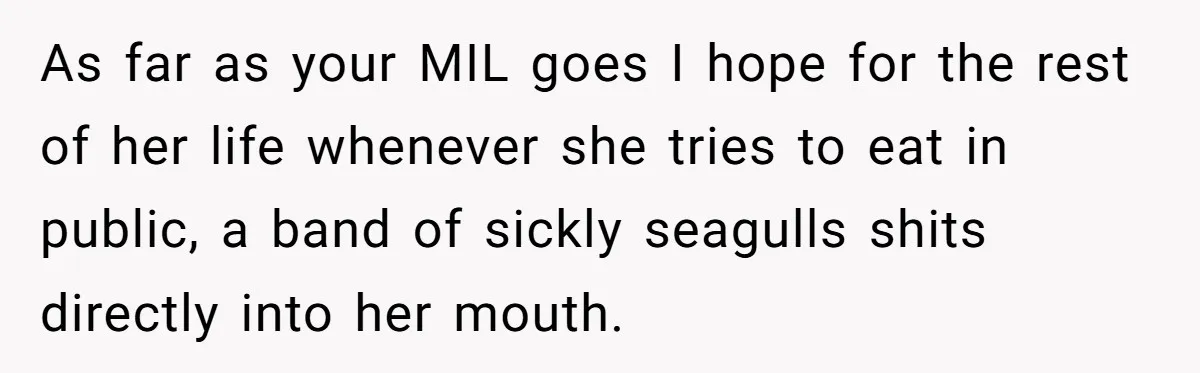As far as your MIL goes I hope for the rest of her life whenever she tries to eat in public, a band of sickly seagulls shits directly into her...