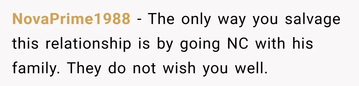 NovaPrime1988 − The only way you salvage this relationship is by going NC with his family. They do not wish you well.