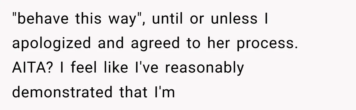 "behave this way", until or unless I apologized and agreed to her process. AITA? I feel like I've reasonably demonstrated that I'm