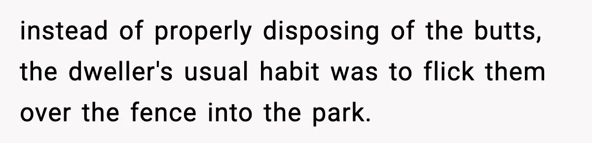 instead of properly disposing of the butts, the dweller's usual habit was to flick them over the fence into the park.
