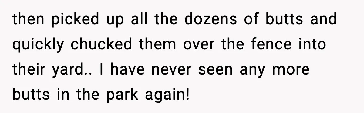 then picked up all the dozens of butts and quickly chucked them over the fence into their yard.. I have never seen any more butts in the park again!