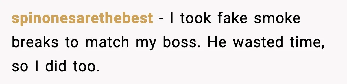 spinonesarethebest - I took fake smoke breaks to match my boss. He wasted time, so I did too.