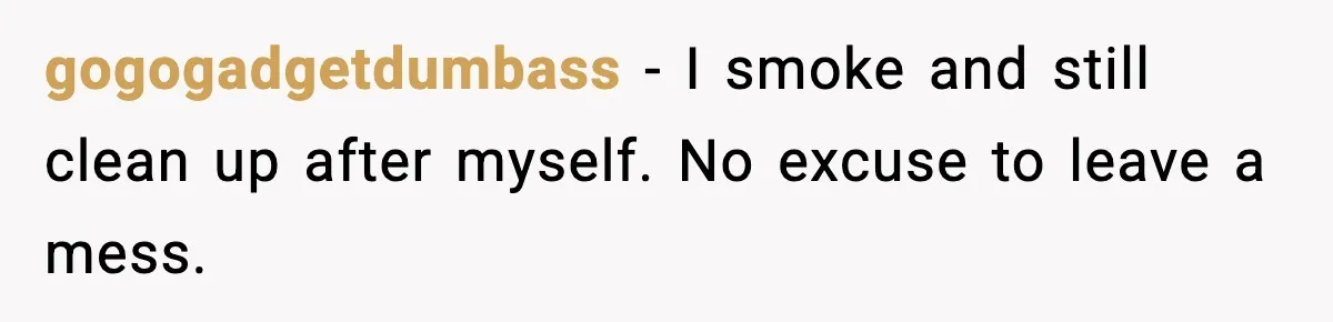 gogogadgetdumbass - I smoke and still clean up after myself. No excuse to leave a mess.