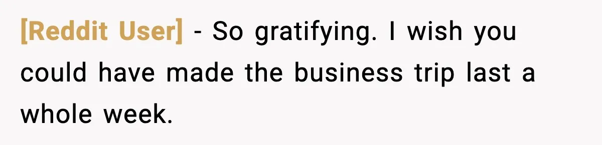 [Reddit User] - So gratifying. I wish you could have made the business trip last a whole week.
