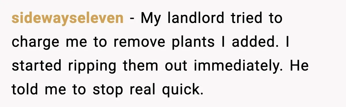 Tenant Removes Garden Before Leaving, Landlord’s Plan Backfires Instantly sidewayseleven - My landlord tried to charge me to remove plants I added. I started ripping them out immediately. He told me to stop real quick.