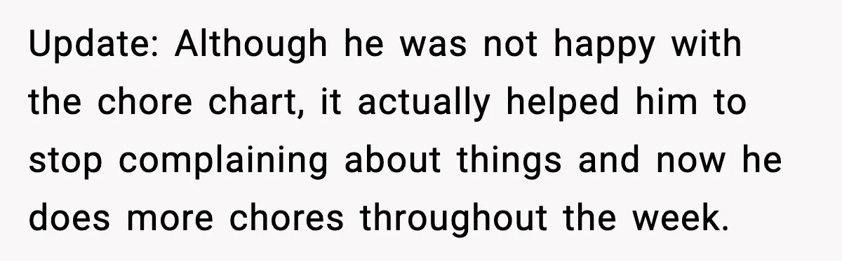 Update: Although he was not happy with the chore chart, it actually helped him to stop complaining about things and now he does more chores throughout the week.