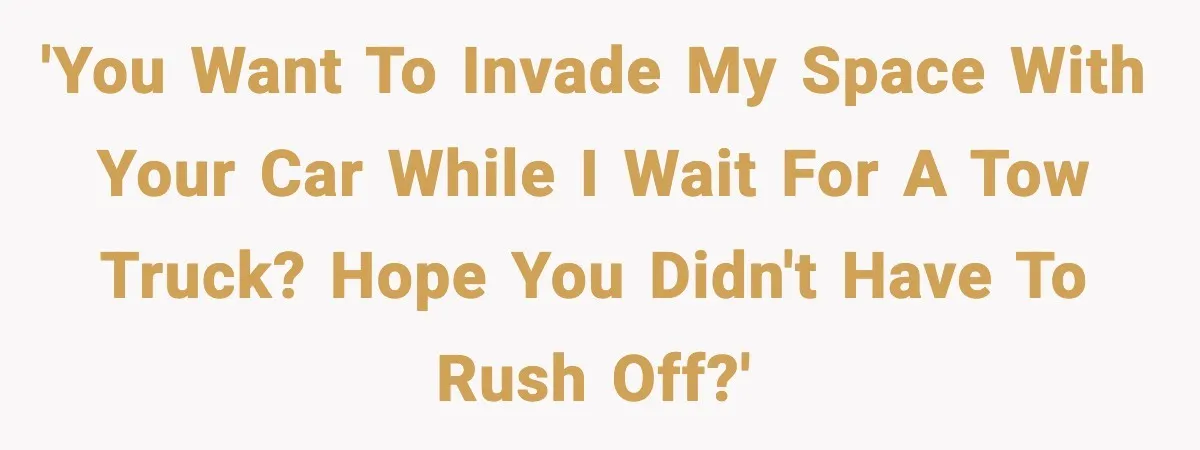 'You want to invade my space with your car while I wait for a tow truck? Hope you didn't have to rush off?'