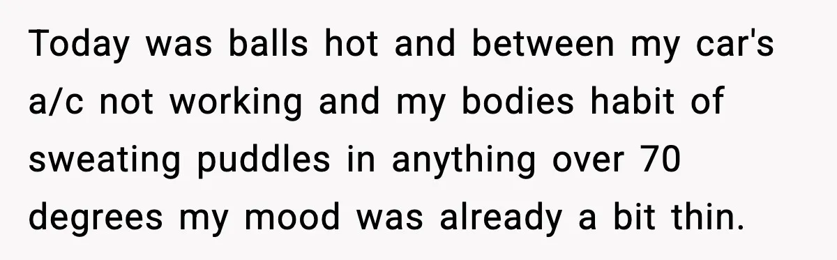 Today was balls hot and between my car's a/c not working and my bodies habit of sweating puddles in anything over 70 degrees my mood was already a bit thin.