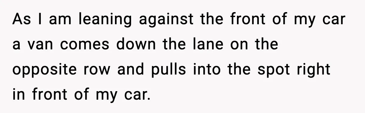 As I am leaning against the front of my car a van comes down the lane on the opposite row and pulls into the spot right in front of my...
