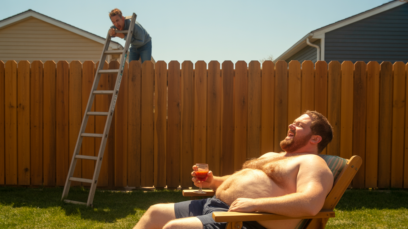 Man Refuses To Clothe Himself In His Own Yard Just Because A Neighbor Climbed A Ladder