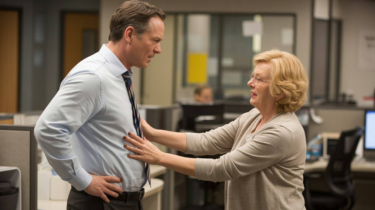 Man Mirrors Elderly Coworker Belly Touch After Joke Leaves Him Annoyed