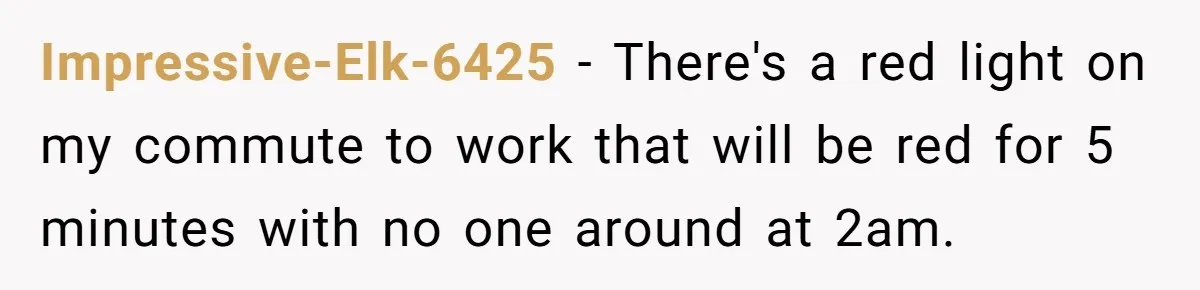 Impressive-Elk-6425 − There's a red light on my commute to work that will be red for 5 minutes with no one around at 2am.