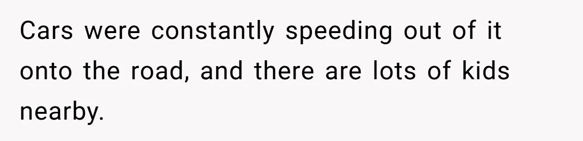 Cars were constantly speeding out of it onto the road, and there are lots of kids nearby.