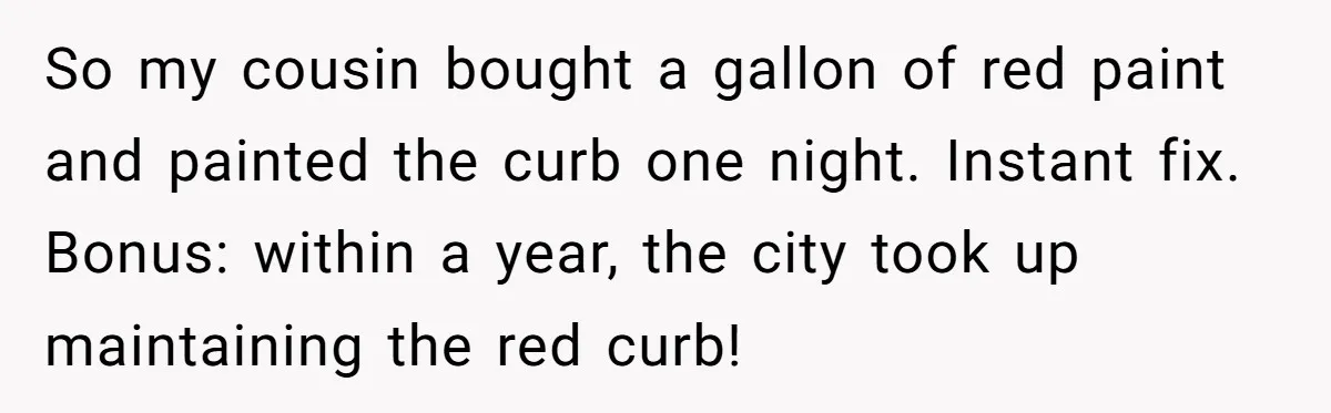 So my cousin bought a gallon of red paint and painted the curb one night. Instant fix. Bonus: within a year, the city took up maintaining the red curb!