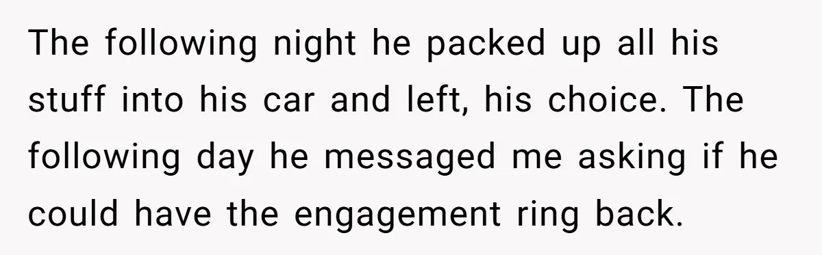 She Supported His Dreams, Paid the Bills, and Lived on Ramen, Until One Missed Pizza Order Changed Everything The following night he packed up all his stuff into his car and left, his choice. The following day he messaged me asking if he could have the engagement ring...