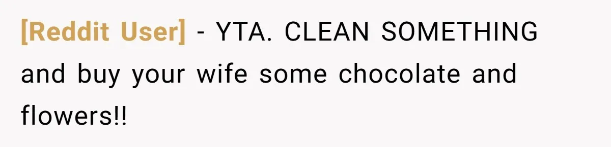 [Reddit User] − YTA. CLEAN SOMETHING and buy your wife some chocolate and flowers!!