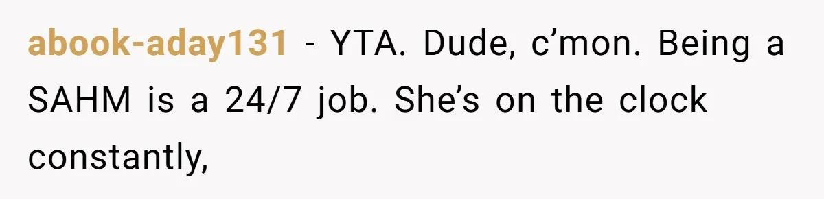 abook-aday131 − YTA. Dude, c’mon. Being a SAHM is a 24/7 job. She’s on the clock constantly,