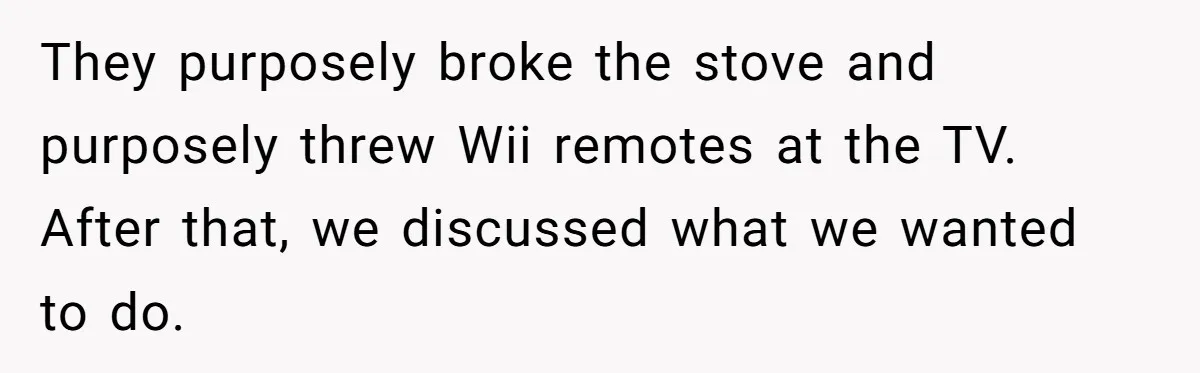 They purposely broke the stove and purposely threw Wii remotes at the TV. After that, we discussed what we wanted to do.
