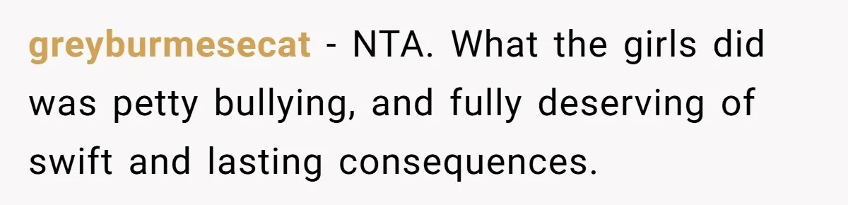 greyburmesecat − NTA. What the girls did was petty bullying, and fully deserving of swift and lasting consequences.