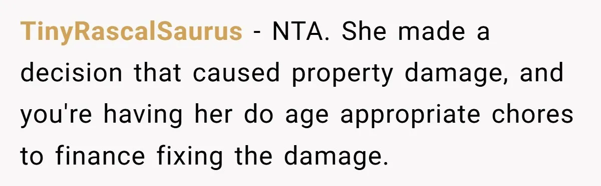 TinyRascalSaurus − NTA. She made a decision that caused property damage, and you're having her do age appropriate chores to finance fixing the damage.