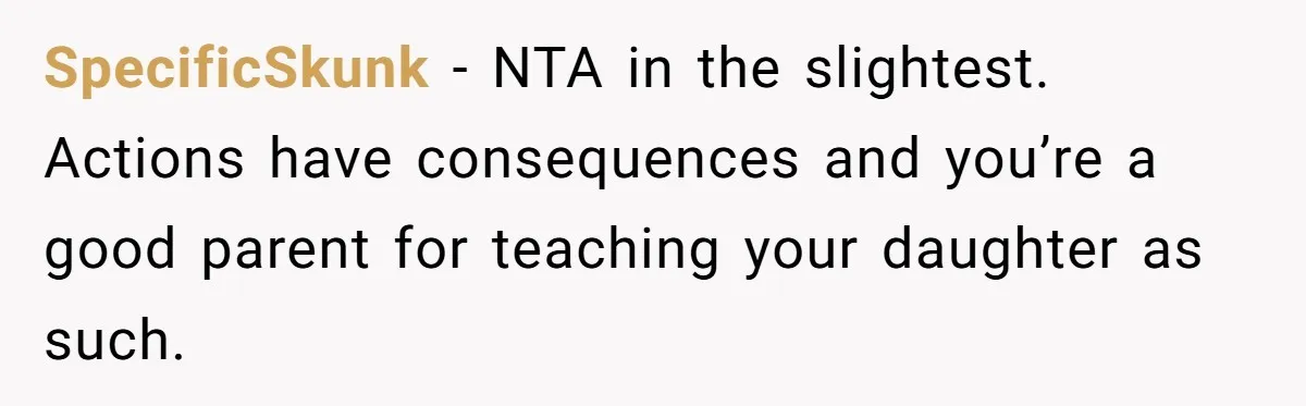 SpecificSkunk − NTA in the slightest. Actions have consequences and you’re a good parent for teaching your daughter as such.