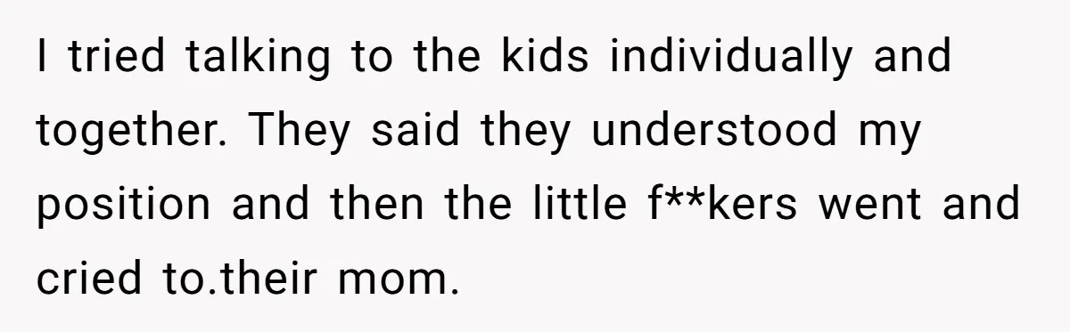 I tried talking to the kids individually and together. They said they understood my position and then the little f**kers went and cried to.their mom.
