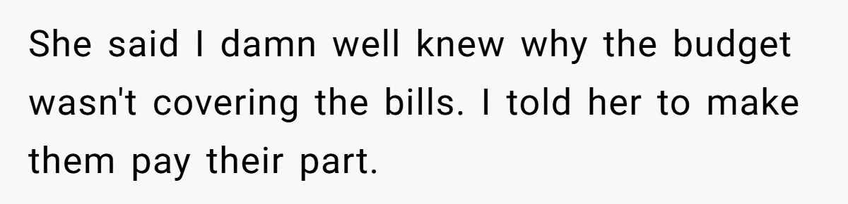 She said I damn well knew why the budget wasn't covering the bills. I told her to make them pay their part.