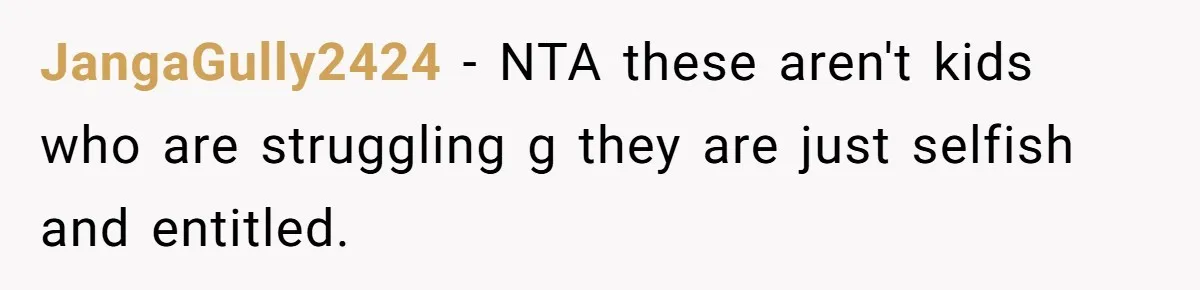 JangaGully2424 − NTA these aren't kids who are struggling g they are just selfish and entitled.