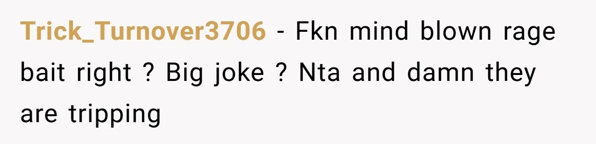 Trick_Turnover3706 − Fkn mind blown rage bait right ? Big joke ? Nta and damn they are tripping