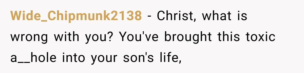 Wide_Chipmunk2138 − Christ, what is wrong with you? You've brought this toxic a__hole into your son's life,