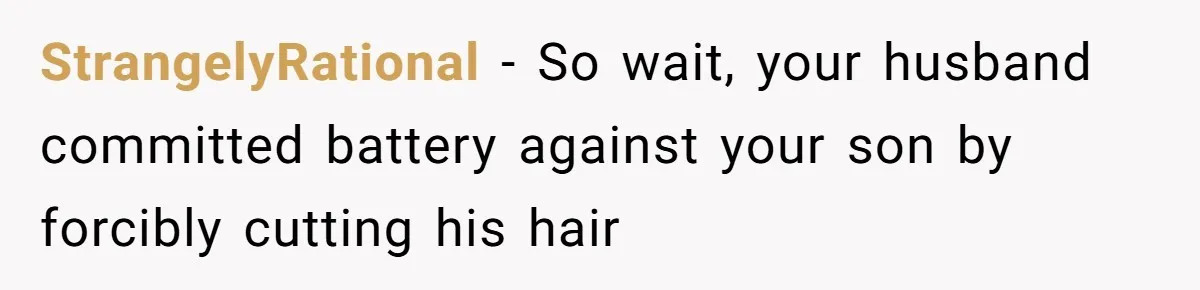 StrangelyRational − So wait, your husband committed battery against your son by forcibly cutting his hair