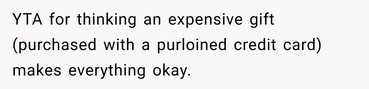 YTA for thinking an expensive gift (purchased with a purloined credit card) makes everything okay.