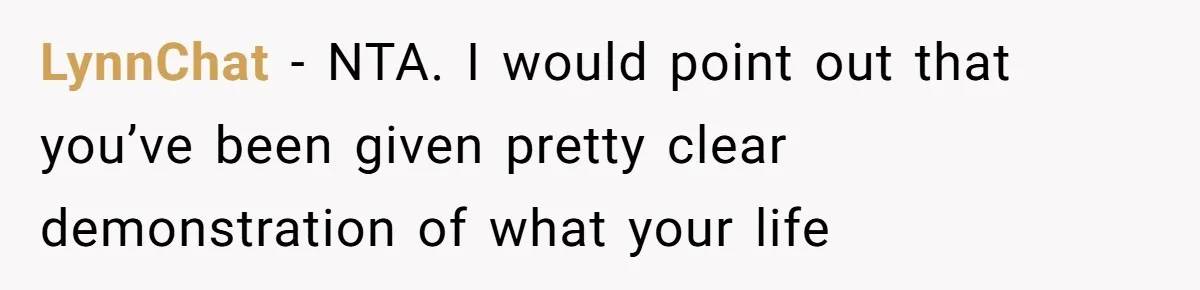 LynnChat − NTA. I would point out that you’ve been given pretty clear demonstration of what your life