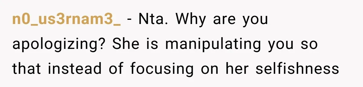 n0_us3rnam3_ − Nta. Why are you apologizing? She is manipulating you so that instead of focusing on her selfishness