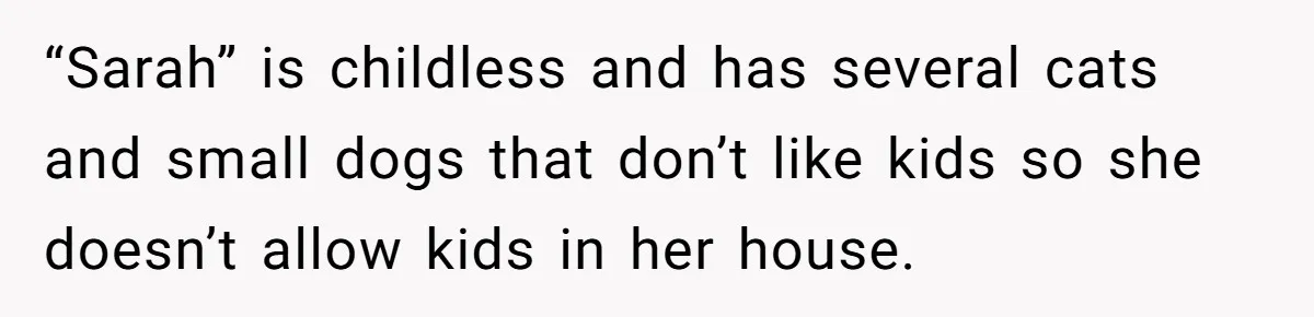 “Sarah” is childless and has several cats and small dogs that don’t like kids so she doesn’t allow kids in her house.