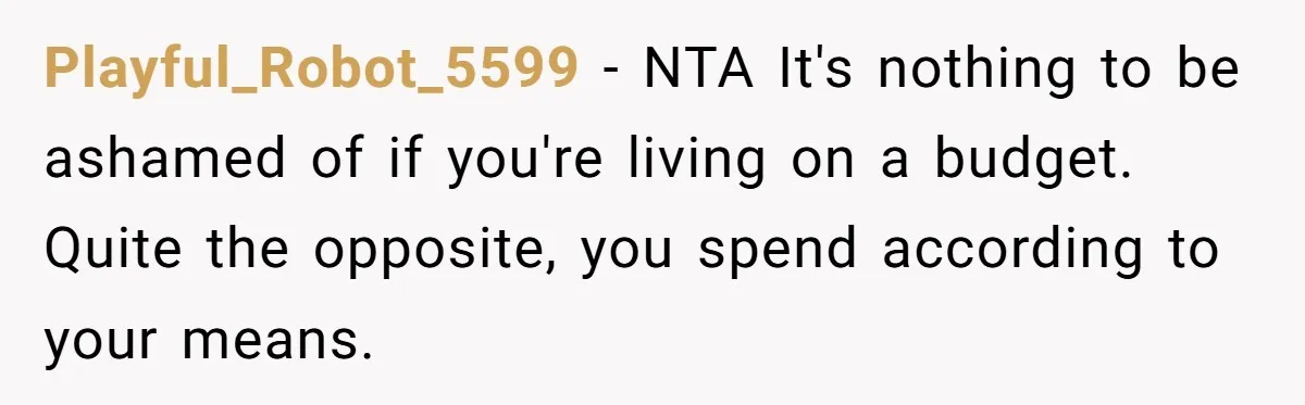 Playful_Robot_5599 − NTA It's nothing to be ashamed of if you're living on a budget. Quite the opposite, you spend according to your means.
