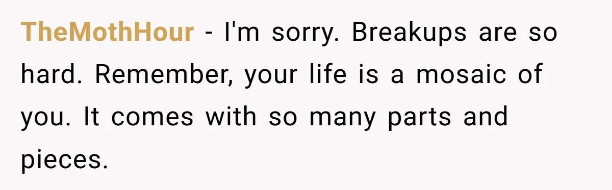 TheMothHour − I'm sorry. Breakups are so hard. Remember, your life is a mosaic of you. It comes with so many parts and pieces.