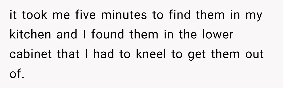 it took me five minutes to find them in my kitchen and I found them in the lower cabinet that I had to kneel to get them out of.