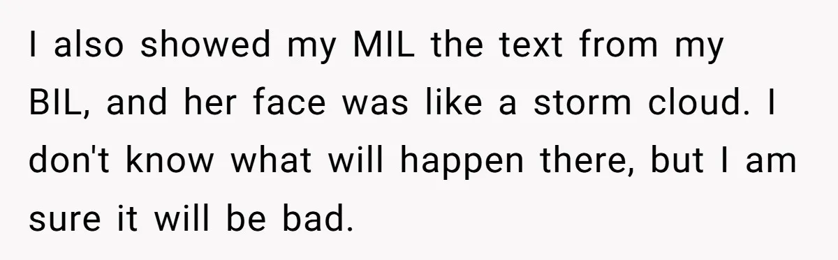 I also showed my MIL the text from my BIL, and her face was like a storm cloud. I don't know what will happen there, but I am sure it...