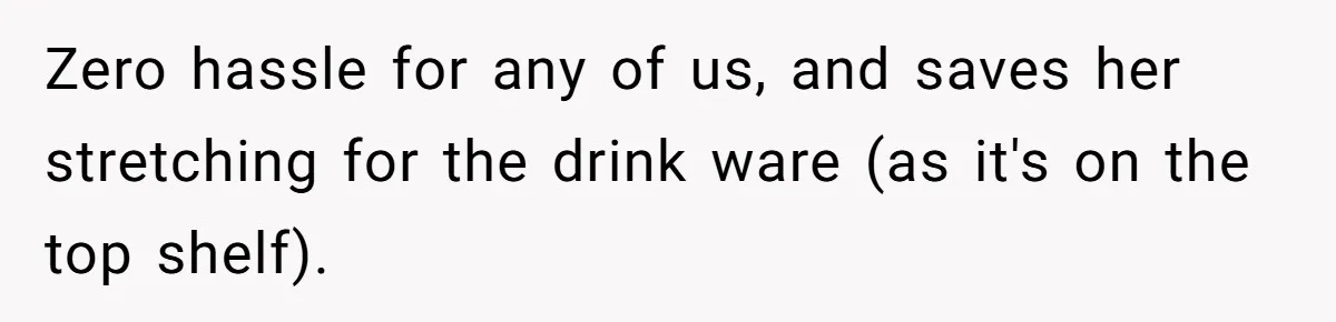 Zero hassle for any of us, and saves her stretching for the drink ware (as it's on the top shelf).