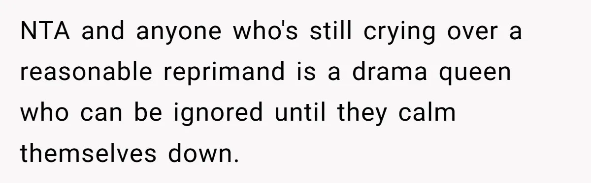 NTA and anyone who's still crying over a reasonable reprimand is a drama queen who can be ignored until they calm themselves down.