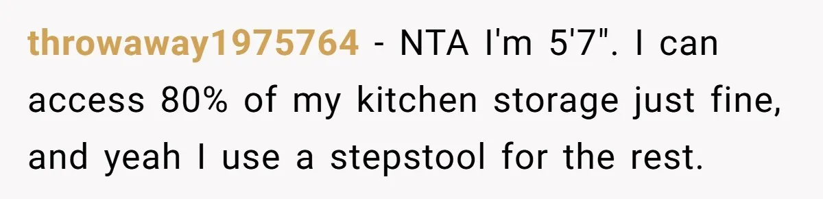 throwaway1975764 − NTA I'm 5'7". I can access 80% of my kitchen storage just fine, and yeah I use a stepstool for the rest.