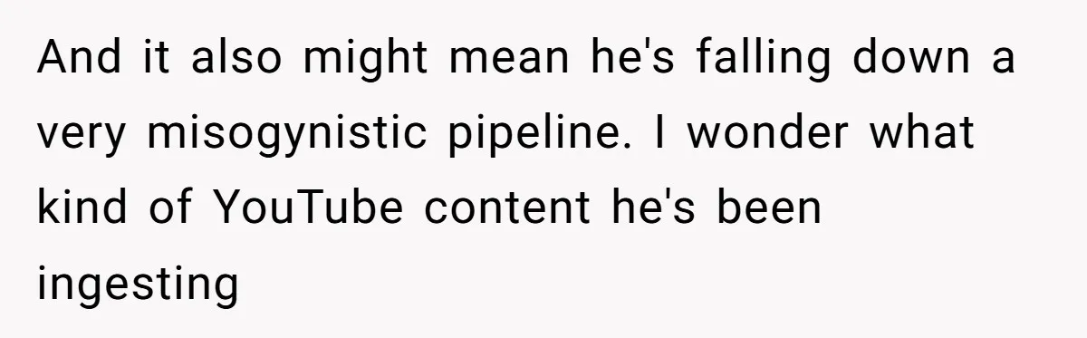 And it also might mean he's falling down a very misogynistic pipeline. I wonder what kind of YouTube content he's been ingesting